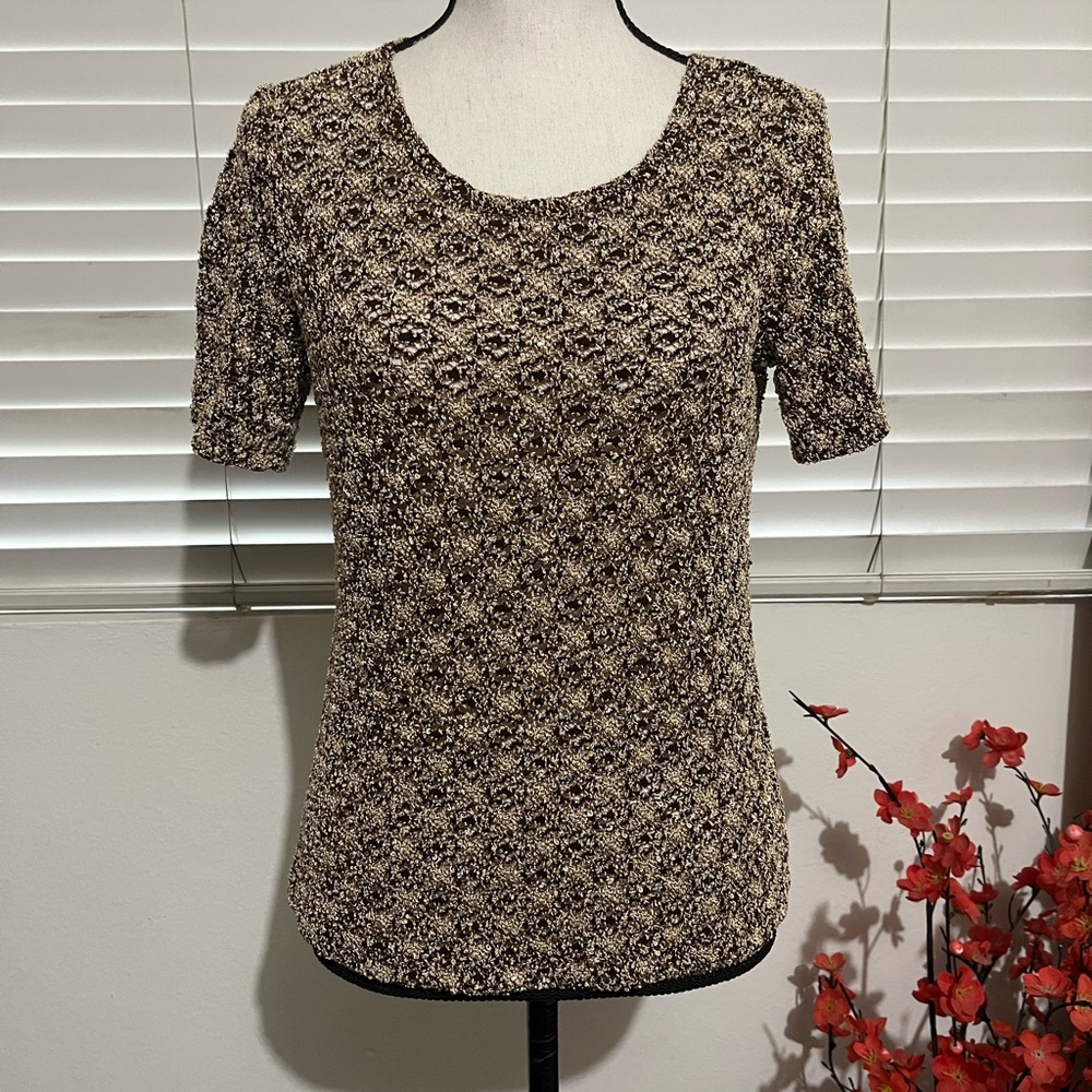 Textured Short Sleeve Crewneck Top - Brown & Cream